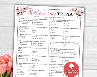 Moederdagtrivia, Moederdagspel, afdrukbaar Moederdagfeestspel, Moederdagactiviteit brunchidee, moederdag zondag kinderen tiener volwassene