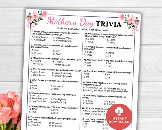 Mother's Day Trivia, Mothers Day Game, Printable Mother's Day Party Game, Mothers Day Activity Brunch Idea, Mothering Sunday Kids Teen Adult
