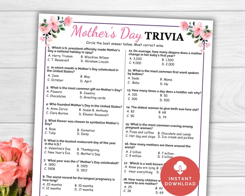 This Mother's Day trivia game is a fun game to play for your Mother's Day party. 20 multiple choice questions all about moms and Mother's Day. Fun trivia game for kids, teens adults. Watercolor pink flowers in corners of page. Answer key provided.