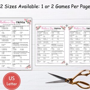May include: Printable Mother's Day trivia game with pink floral borders. The game includes questions about motherhood, pregnancy, and babies. The text "Mother's Day Trivia" is printed in bold at the top of the page. The text "US Letter" is printed at the bottom of the page.