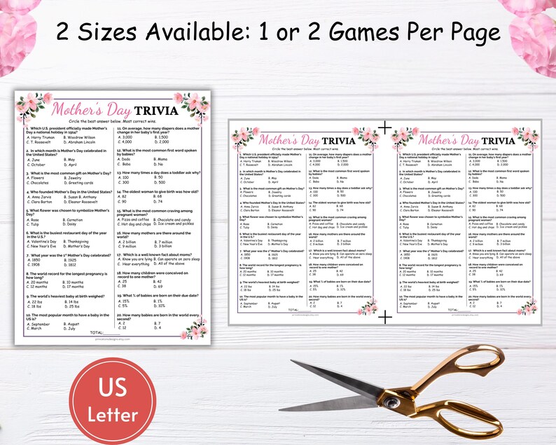 May include: Printable Mother's Day trivia game with pink floral borders. The game includes questions about motherhood, pregnancy, and babies. The text "Mother's Day Trivia" is printed in bold at the top of the page. The text "US Letter" is printed at the bottom of the page.