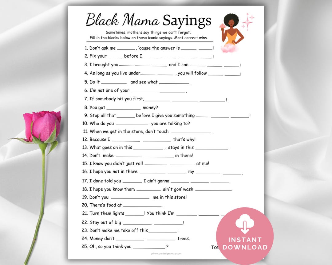 Black Mama Sayings Baby Shower Game, Black Baby Shower Game, African