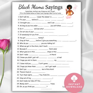 Gioco per baby shower con frasi sulla mamma nera, gioco per baby shower con frasi sulla mamma nera, baby shower afroamericano, idee divertenti per attività baby shower, quiz per la festa della mamma