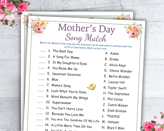 Mothers Day Activity, Mothers Day Song Match, Mothers Day Music Trivia, Mother's Day Party Game, Fun Printable Group Game Kids Teens Adults