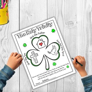 May include: A printable coloring page featuring a shamrock with three leaves, each representing a part of the Holy Trinity: God the Father, God the Son, and God the Holy Spirit. The text "Just as each shamrock leaf comes in three, so does the Holy Trinity. First is God the Father, then Jesus, his only Son. With the Holy Spirit together, they are Three In One." is included at the bottom of the page.