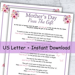 May include: Printable Mother's Day game instructions with pink floral accents. The instructions are for a "Pass the Gift" game with rhymes for each turn. The text includes "US Letter. Instant Download".
