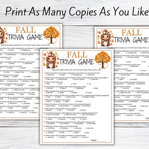 May include: A printable autumn trivia game featuring a cartoon squirrel wearing a hat and holding a cup of coffee. The game has 15 questions about autumn, such as what month does autumn start, what is the name of the full moon closest to the autumnal equinox, and which vitamin does sunlight provide less of during the autumn.