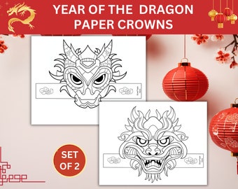 Year Of The Dragon Paper Crowns, Year Of The Dragon 2024, Lunar New Year Dragon Craft Bundle, Chinese New Year Coloring Activity For Kids