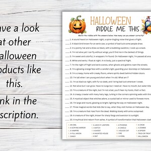 May include: Halloween riddle game printable with a pumpkin, a potion bottle, and a list of riddles with answers. The text on the page reads "Halloween Riddle Me This".
