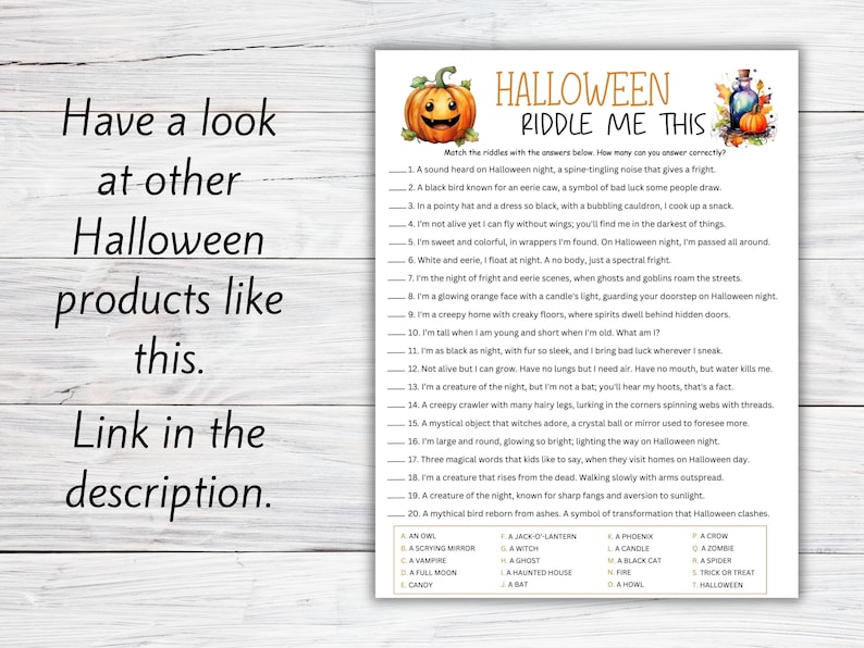 May include: Halloween riddle game printable with a pumpkin, a potion bottle, and a list of riddles with answers. The text on the page reads "Halloween Riddle Me This".