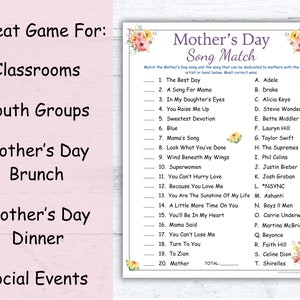 Pu&ograve; includere: Un gioco della Festa della Mamma stampabile con un design floreale rosa e verde. Il gioco si chiama "Mother's Day Song Match" e chiede ai giocatori di abbinare 20 canzoni ai loro rispettivi artisti. Il gioco &egrave; ideale per le aule, i gruppi di giovani, il brunch della Festa della Mamma, la cena della Festa della Mamma e gli eventi sociali.