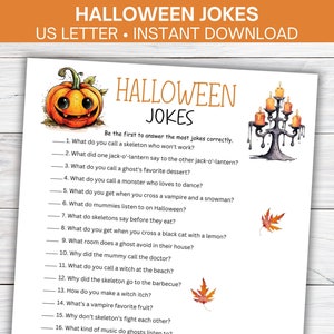 May include: Printable Halloween jokes game with a jack-o'-lantern, a candelabra, and autumn leaves. The game includes 16 questions and answers. Be the first to answer the most jokes correctly.