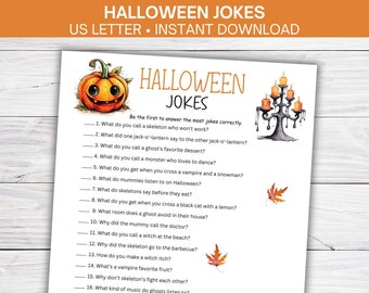 May include: Printable Halloween jokes game featuring a jack-o'-lantern, a candelabra, and autumn leaves. The game includes 16 questions and answers. Be the first to answer the most jokes correctly.
