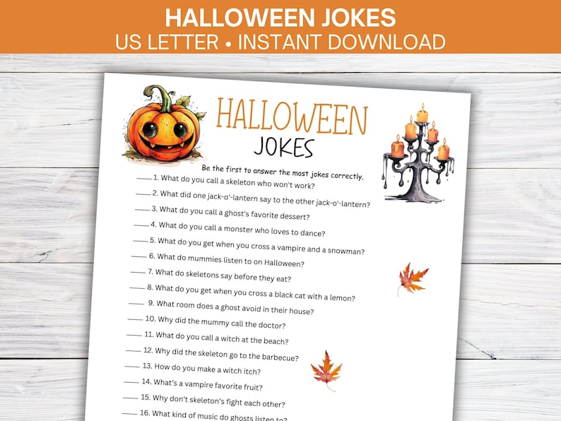 May include: Printable Halloween jokes game with a jack-o'-lantern, a candelabra, and autumn leaves. The game includes 16 questions and answers. Be the first to answer the most jokes correctly.