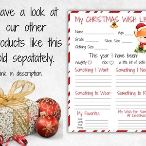 May include: Printable Christmas wish list with a red and white striped border. The list includes sections for name, age, grade, shoe size, clothing size, something I want, something I need, something to wear, something to read, my favorites, and my wish for someone at Christmas. The list features a cartoon fox wearing a Santa hat.