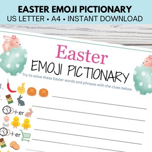 May include: A printable Easter Emoji Pictionary game with a light blue and white background. The game features a list of numbers and emojis to guess Easter words and phrases.