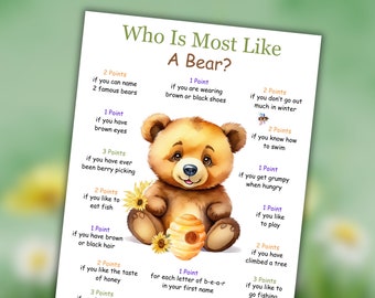 Camping Game Who Is Most Like A Bear, Nature Game, Printable Summer Camp Activities, Camp Party Game, Fun Campfire Game Kids Adults Family