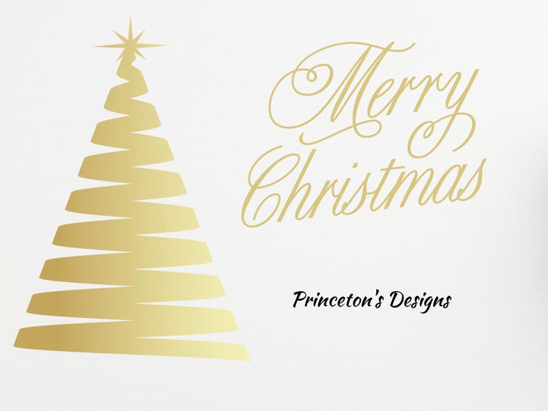 May include: A gold stylized Christmas tree with a star on top. The text "Merry Christmas" and "Princeton's Designs" are below the tree.