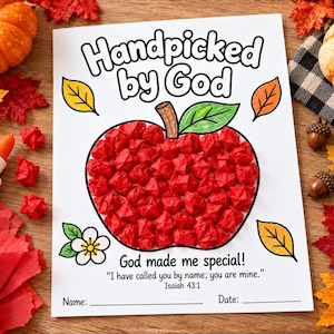 May include: A craft project on white paper featuring the text Handpicked by God at the top and an apple shape filled with crumpled red tissue paper. Below the apple, the text reads God made me special and Isaiah 43:1.