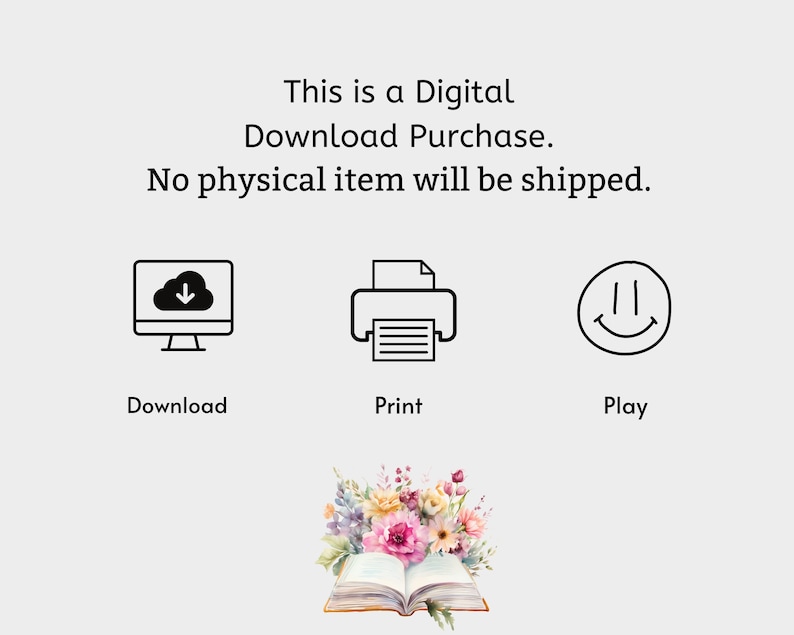 May include: This is a digital download purchase. No physical item will be shipped. The image shows a computer monitor with a cloud and download arrow, a printer with a piece of paper, and a smiley face.