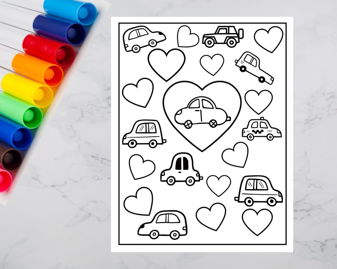 Valentine's Day Heart Coloring Page, Cars Coloring Page, Cute Valentine Activity for Kids, PDF ...