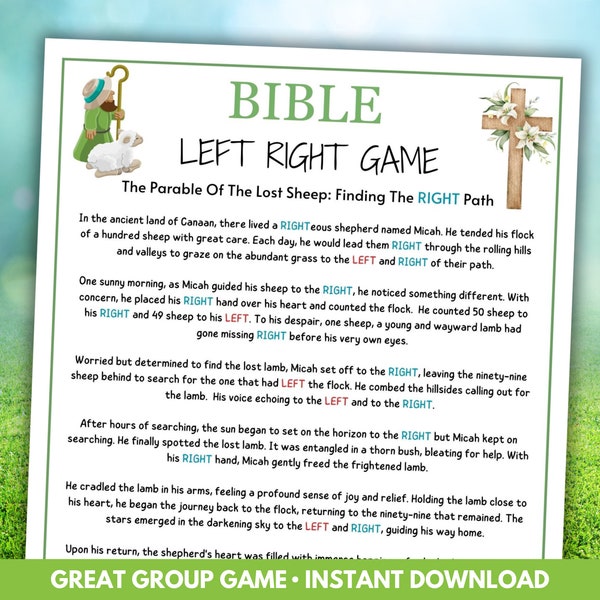 Parable Of The Lost Sheep Pass The Gift Game, Bible Left Right Game, Bible Games Printable Sunday School Youth Group Game Christian Activity