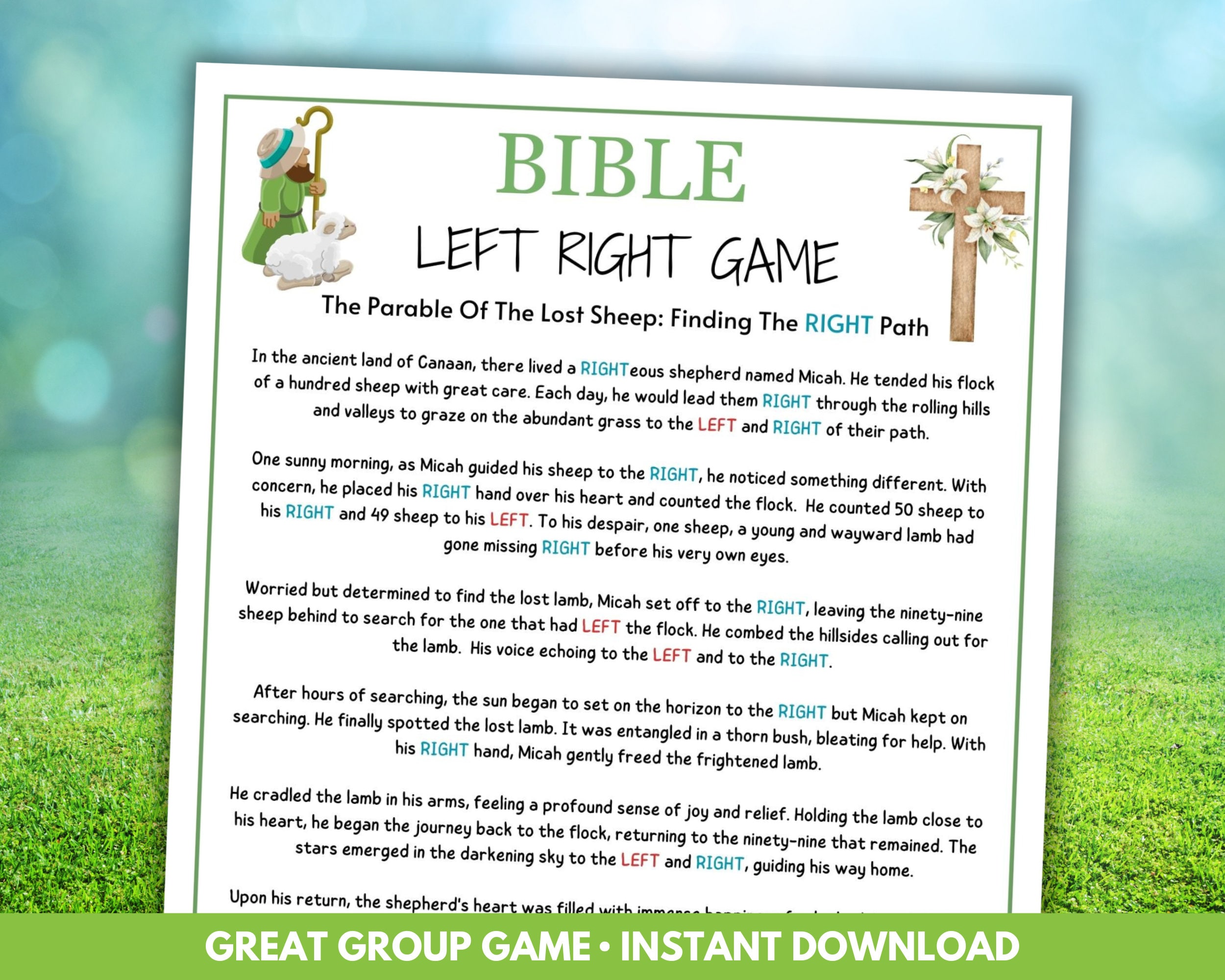 Parable Of The Lost Sheep Pass The Gift Game, Bible Left Right Game, Bible Games Printable Sunday School Youth Group Game Christian Activity