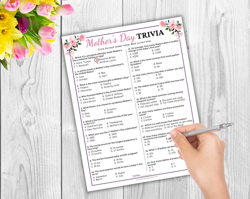 May include: A printable Mother's Day trivia game with pink floral accents. The game includes questions about Mother's Day history, traditions, and interesting facts.  The questions are multiple choice with four options each.