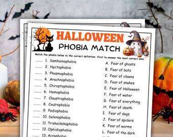 Halloween Trivia Phobia Match Game, Printable Halloween Game, Halloween Trivia Questions, Fun Halloween Party Game Kids Teens Adults Office