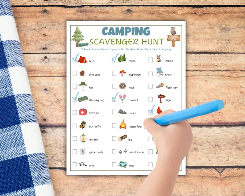 May include: A printable camping scavenger hunt checklist with illustrations of items to find, such as a tent, trees, a rabbit, a pine cone, a mushroom, a chair, a hat, a nest, a flashlight, a sleeping bag, flowers, a sign, a first aid kit, rocks, a butterfly, a campfire, a lantern, a log, a spider web, animal tracks, ants, and a map.