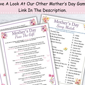 Pu&ograve; includere: Due schede di gioco stampabili per la Festa della Mamma con motivi floreali. La prima scheda &egrave; un gioco di "Passa il regalo" con istruzioni e una poesia. La seconda scheda &egrave; un gioco di "Abbinamento canzoni" con un elenco di canzoni e artisti.