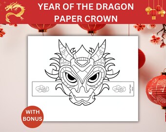 Year Of The Dragon Paper Crown Craft, Lunar New Year Dragon Craft, Chinese New Year Coloring Activity Kids, Year Of The Dragon 2024 Headband