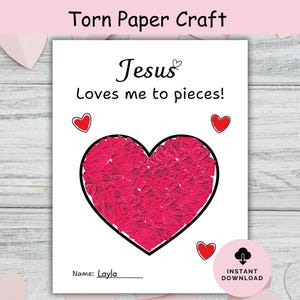 Christelijke Valentijnsdagknutsel Jesus Loves Me To Pieces, afdrukbare bijbel, Valentijnsdag thuisschool zondagsschoolactiviteit gescheurd papier