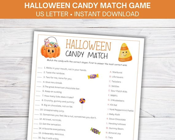 Halloween Candy Match Game, Halloween Trivia, Halloween Party Games Printable, Halloween Game For Kids Teens Adult, Halloween Quiz Classroom