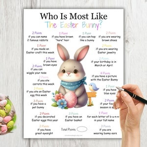 May include: A printable Easter game for kids. The game asks "Who is most like the Easter Bunny?" and lists a series of questions with points assigned to each answer. The questions are related to Easter traditions and physical characteristics. The game features a cartoon illustration of an Easter bunny holding an Easter egg.