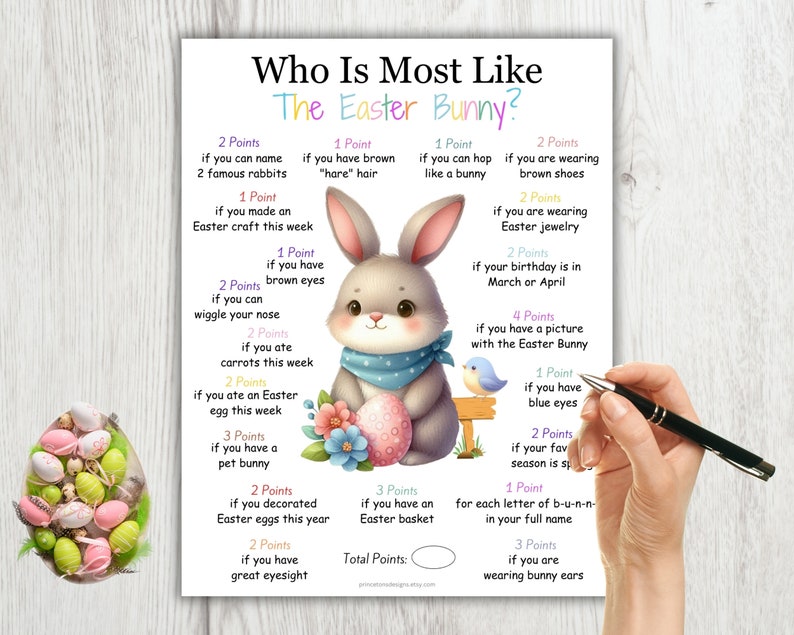 May include: A printable Easter game for kids. The game asks "Who is most like the Easter Bunny?" and lists a series of questions with points assigned to each answer. The questions are related to Easter traditions and physical characteristics. The game features a cartoon illustration of an Easter bunny holding an Easter egg.