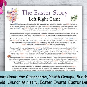 May include: A printable game for classrooms, youth groups, Sunday schools, church ministry, Easter events, and Easter dinner. The game is based on the Easter story and asks players to choose left or right to answer questions about the story. The game is illustrated with a cross decorated with flowers and a palm branch.