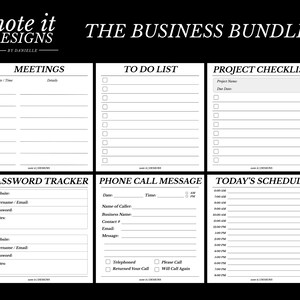 May include: A printable business planner bundle with pages for meetings, to-do lists, project checklists, password tracking, phone call messages, and a daily schedule.