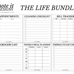 Puede incluir: Un conjunto imprimible de listas de verificación y planificadores en blanco y negro para organizar citas, limpieza, facturas, comestibles, comidas y tareas. El título "THE LIFE BUNDLE" está en la parte superior de la página.