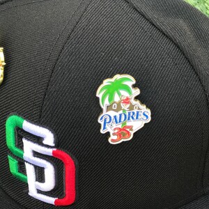 May include: A black baseball cap with a green, white, and red San Diego Padres logo on the front. The cap also features a gold pin with a palm tree and the words "Padres 35" on it.