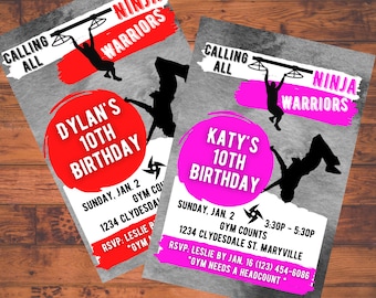 May include: Two invitations for a 10th birthday party at a ninja warrior gym. The invitations are gray with red and pink circles and silhouettes of people doing ninja moves. The text on the invitations says "Calling All Ninja Warriors" and includes the child's name, age, date, time, and location.
