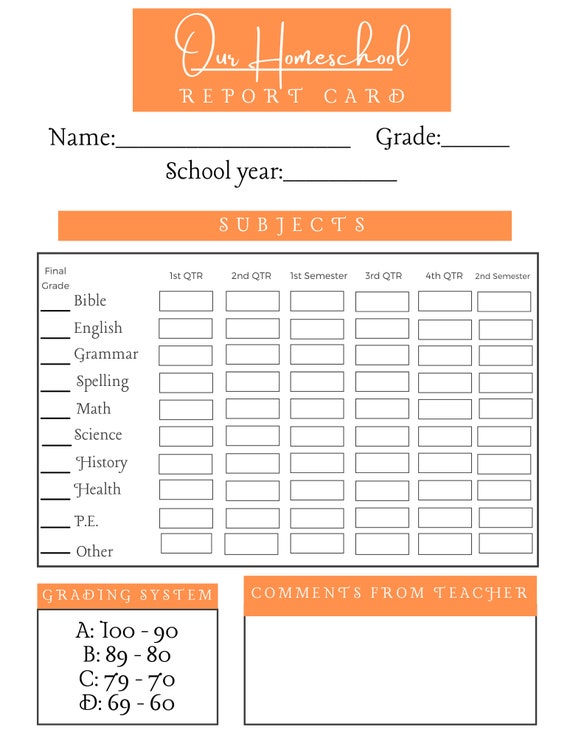 INSTANT DOWNLOAD Printable Homeschool Report Card - Orange - Etsy