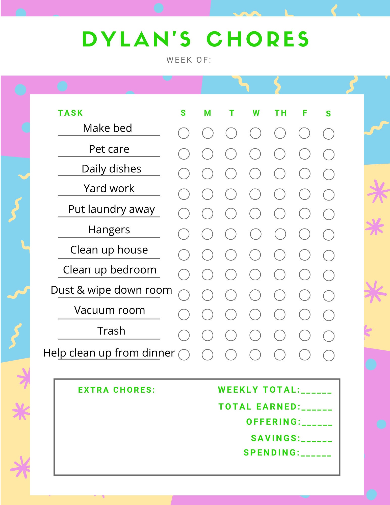 PRINTABLE Kids Chore Chart Etsy