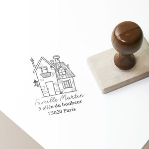 Tampon personnalisé Adresse et maison. Tampon à encre personnalisable Mariage. Tampon manche en bois Adresse personnalisé