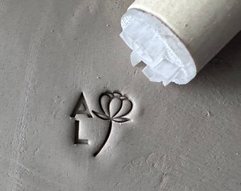 Personalized flower pottery stamp. Ceramic stamp Initials and flower. Customizable ceramic pottery stamp.