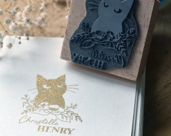 Personalized Cat Book Stamp. Ex Libris First Name and Cat ink stamp. Large customizable birthday stamp. Ex Libris stamp