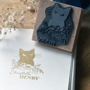 Personalized Cat Book Stamp. Ex Libris First Name and Cat ink stamp. Large customizable birthday stamp. Ex Libris stamp