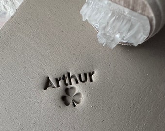 Personalized first name and clover pottery stamp. Clover ceramic stamp. Customizable ceramic pottery stamp.