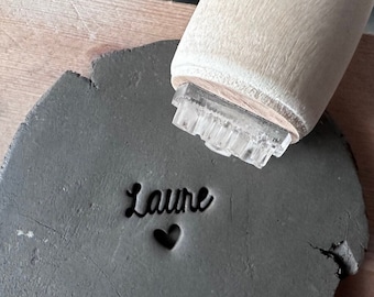 Personalized first name and heart pottery stamp. Heart ceramic stamp. Customizable ceramic pottery stamp.