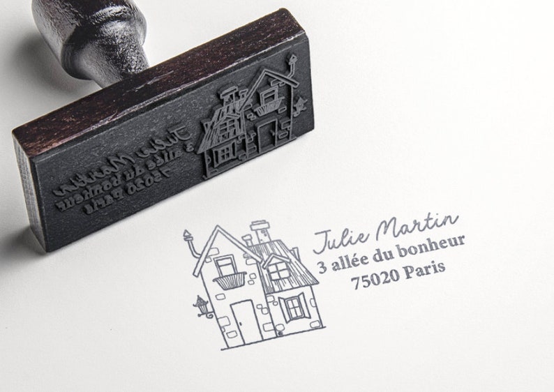 Personalisierter Hausadressenstempel. Anpassbarer Tintenstempel Adresse. Stempel mit Holzgriff. Personalisierte Adresse Manche en bois